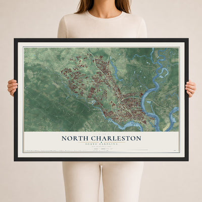 Map of North Charleston, South Carolina, 24 x 36 inch print in a black wood frame