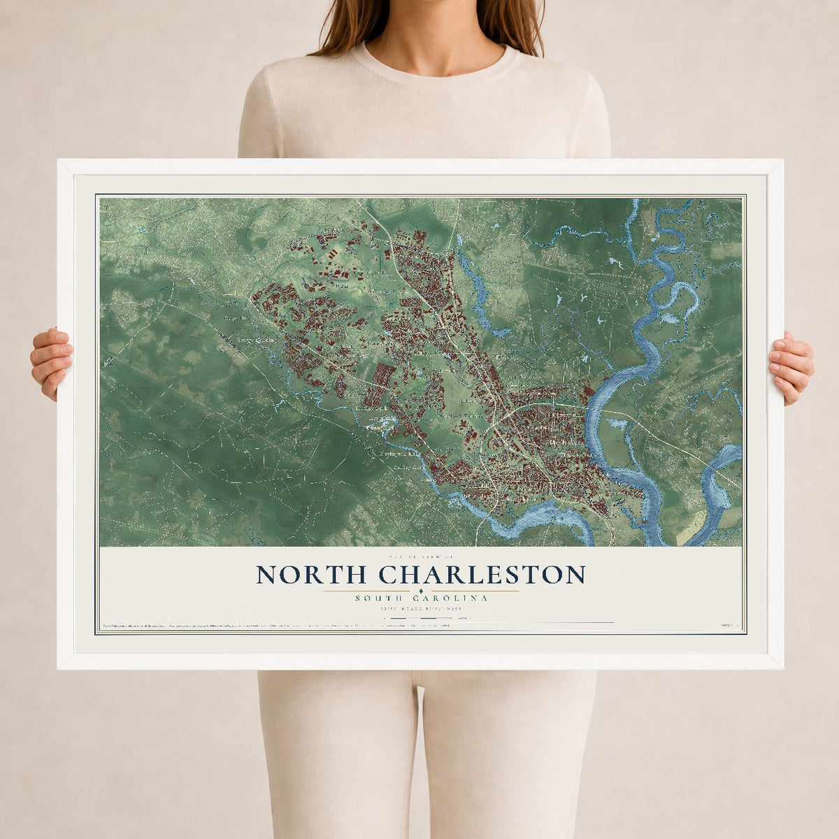 Map of North Charleston, South Carolina, 24 x 36 inch print in a white wood frame