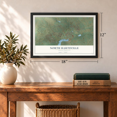 North Hartsville, South Carolina map, 12 x 18 inch print in a black frame in an entryway
