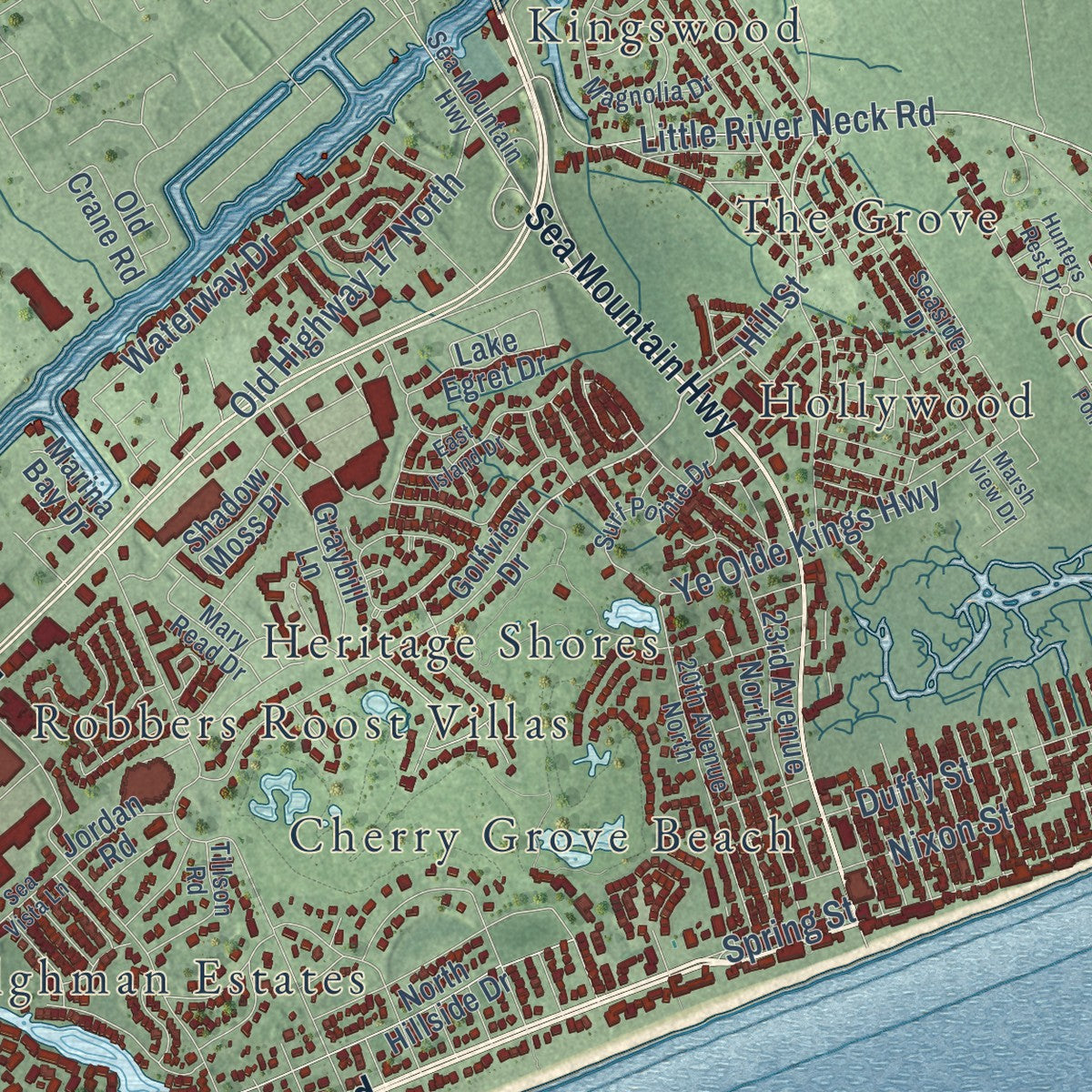 Close-up of the map of North Myrtle Beach, South Carolina print showing street and building detail