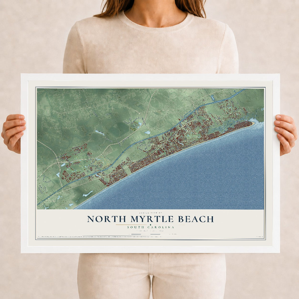 Map of North Myrtle Beach, South Carolina, 12 x 18 inch print in a white wood frame