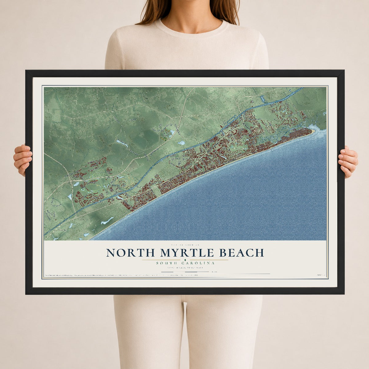 Map of North Myrtle Beach, South Carolina, 24 x 36 inch print in a black wood frame