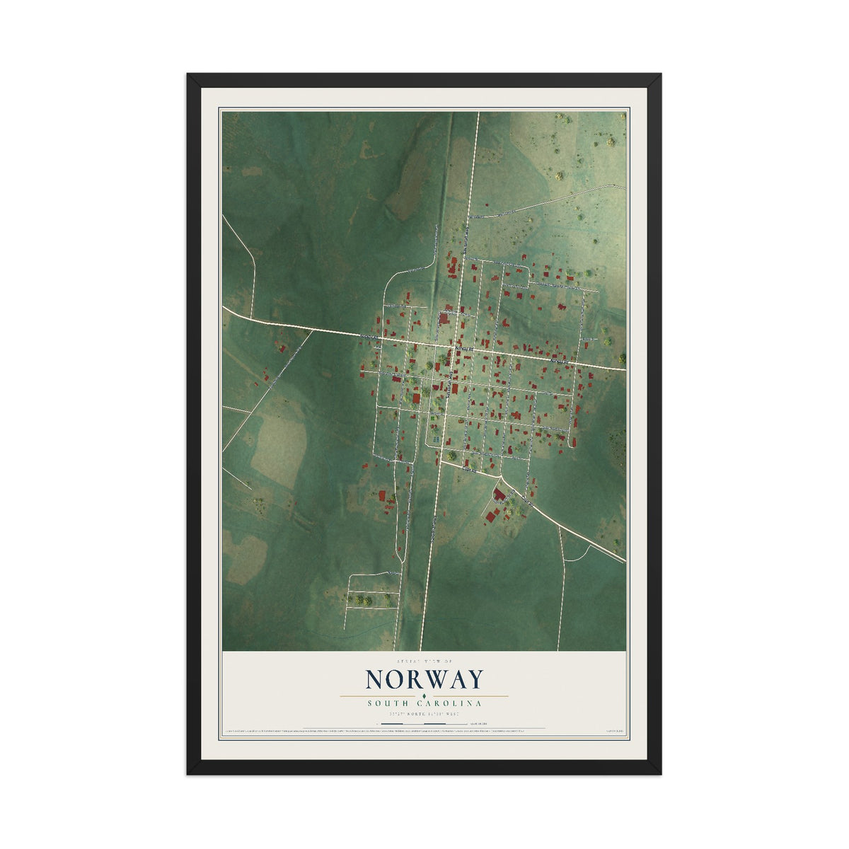 Map of Norway, South Carolina, 12 x 18 inch print in a black wood frame