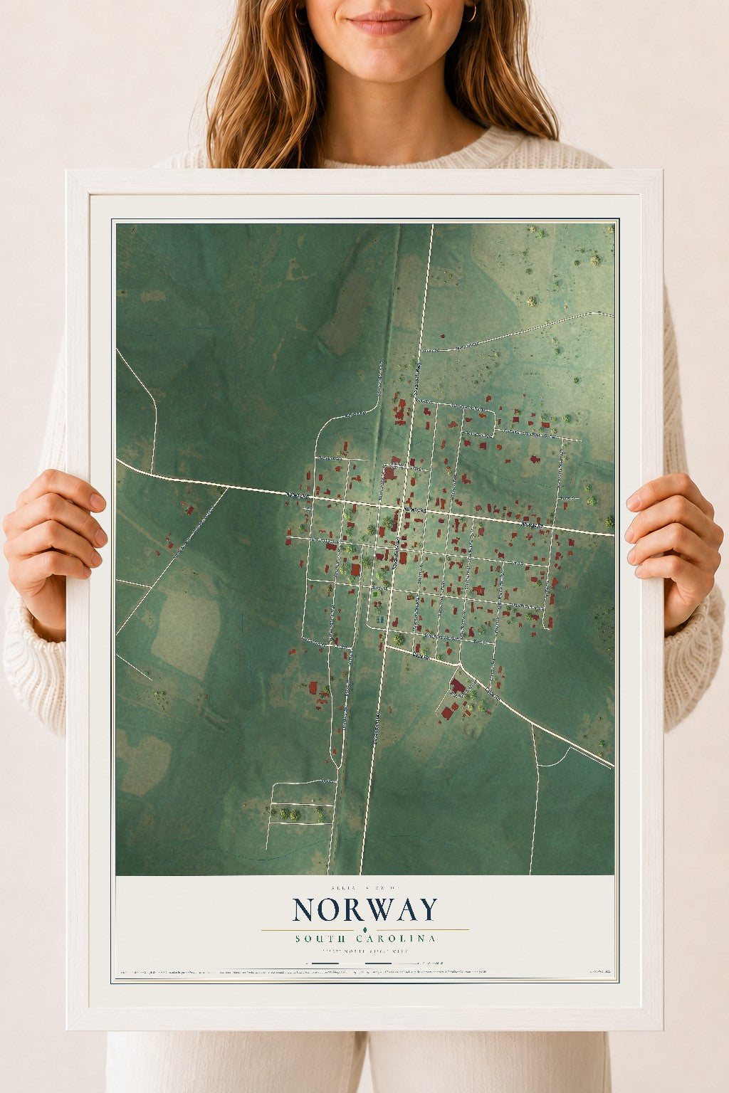 Map of Norway, South Carolina, 18 x 24 inch print in a white wood frame