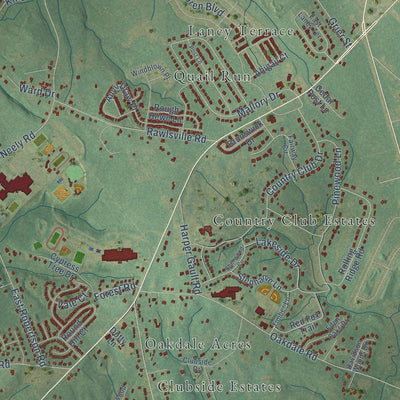 Close-up of the map of Oakdale, South Carolina print showing street and building detail