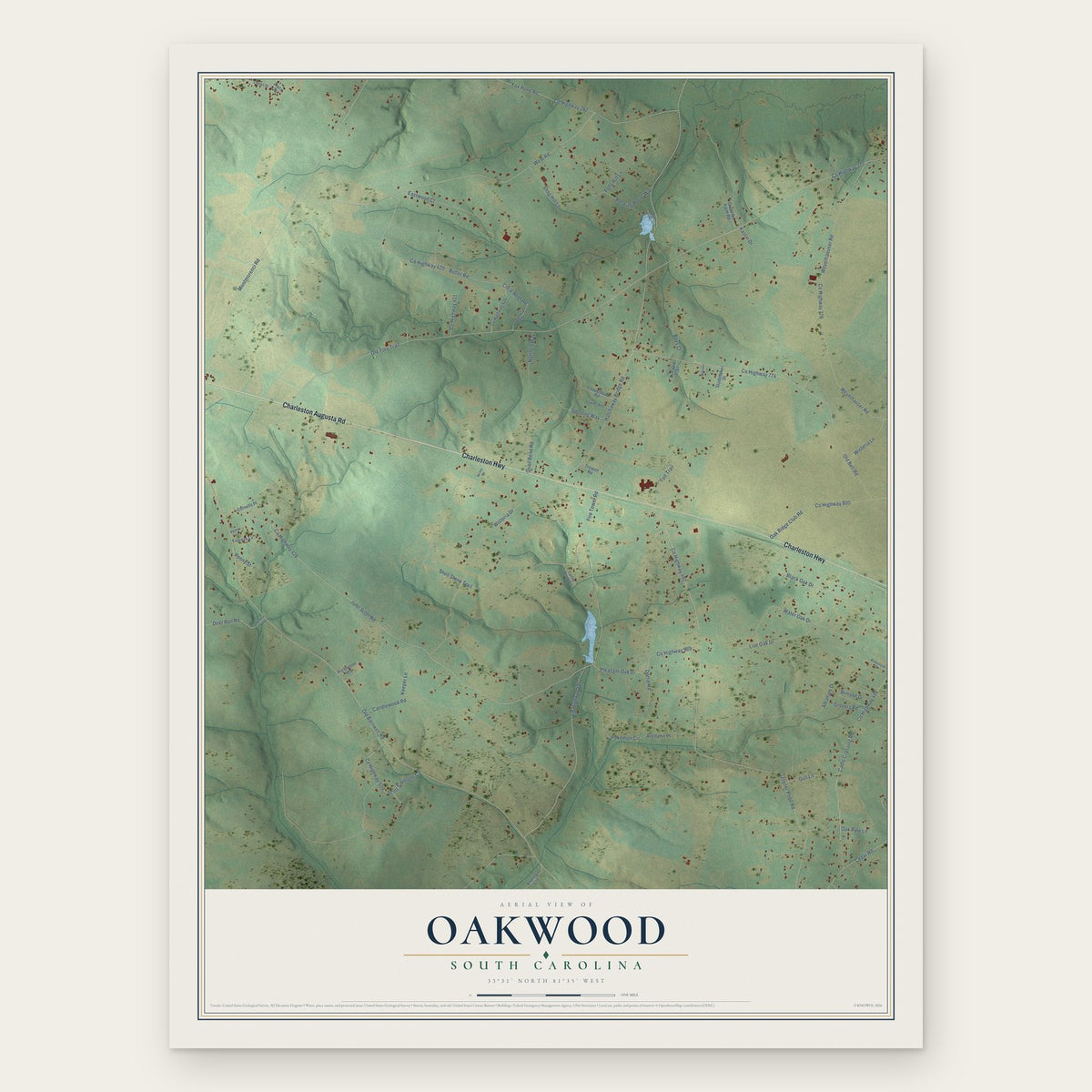 Oakwood, South Carolina map print, the full design