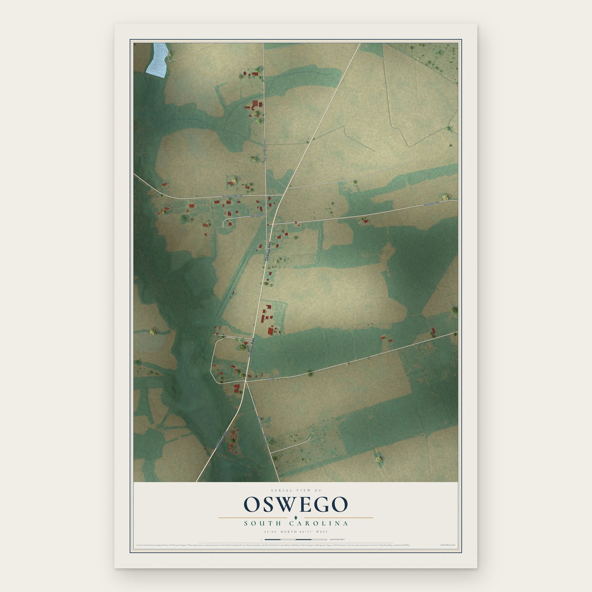 Oswego, South Carolina map print, the full design