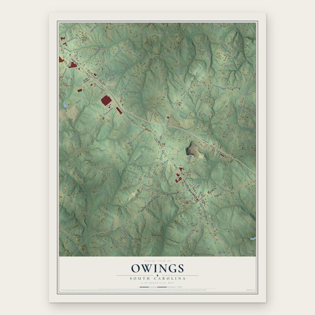 Owings, South Carolina map print, the full design