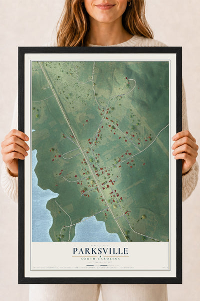 Map of Parksville, South Carolina, 18 x 24 inch print in a black wood frame