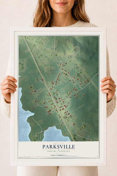 Map of Parksville, South Carolina, 18 x 24 inch print in a white wood frame
