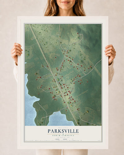 Map of Parksville, South Carolina, 24 x 36 inch print in a white wood frame