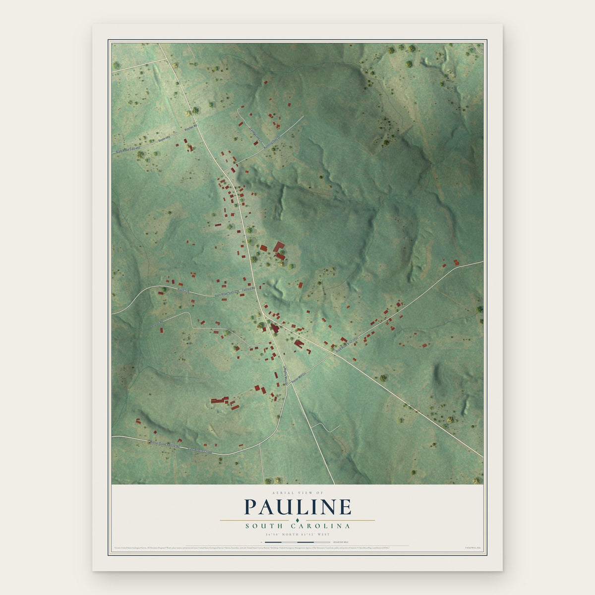 Pauline, South Carolina map print, the full design