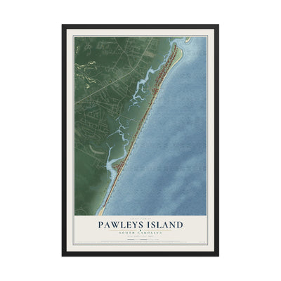 Map of Pawleys Island, South Carolina, 12 x 18 inch print in a black wood frame