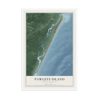 Map of Pawleys Island, South Carolina, 12 x 18 inch print in a white wood frame