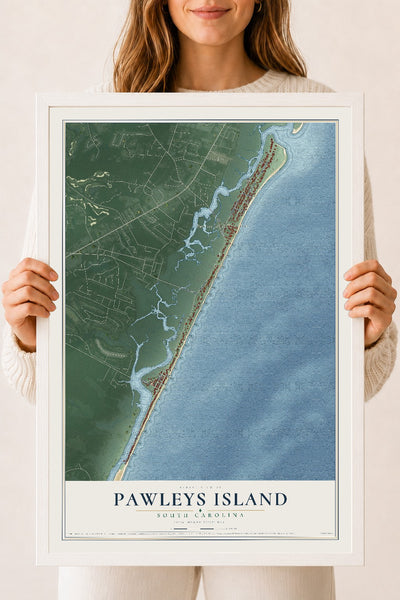 Map of Pawleys Island, South Carolina, 18 x 24 inch print in a white wood frame