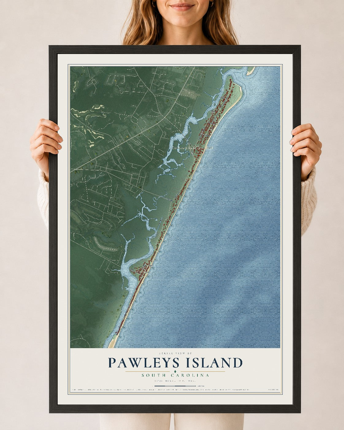 Map of Pawleys Island, South Carolina, 24 x 36 inch print in a black wood frame