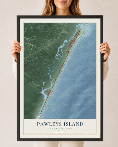 Map of Pawleys Island, South Carolina, 24 x 36 inch print in a black wood frame