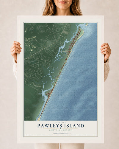 Map of Pawleys Island, South Carolina, 24 x 36 inch print in a white wood frame