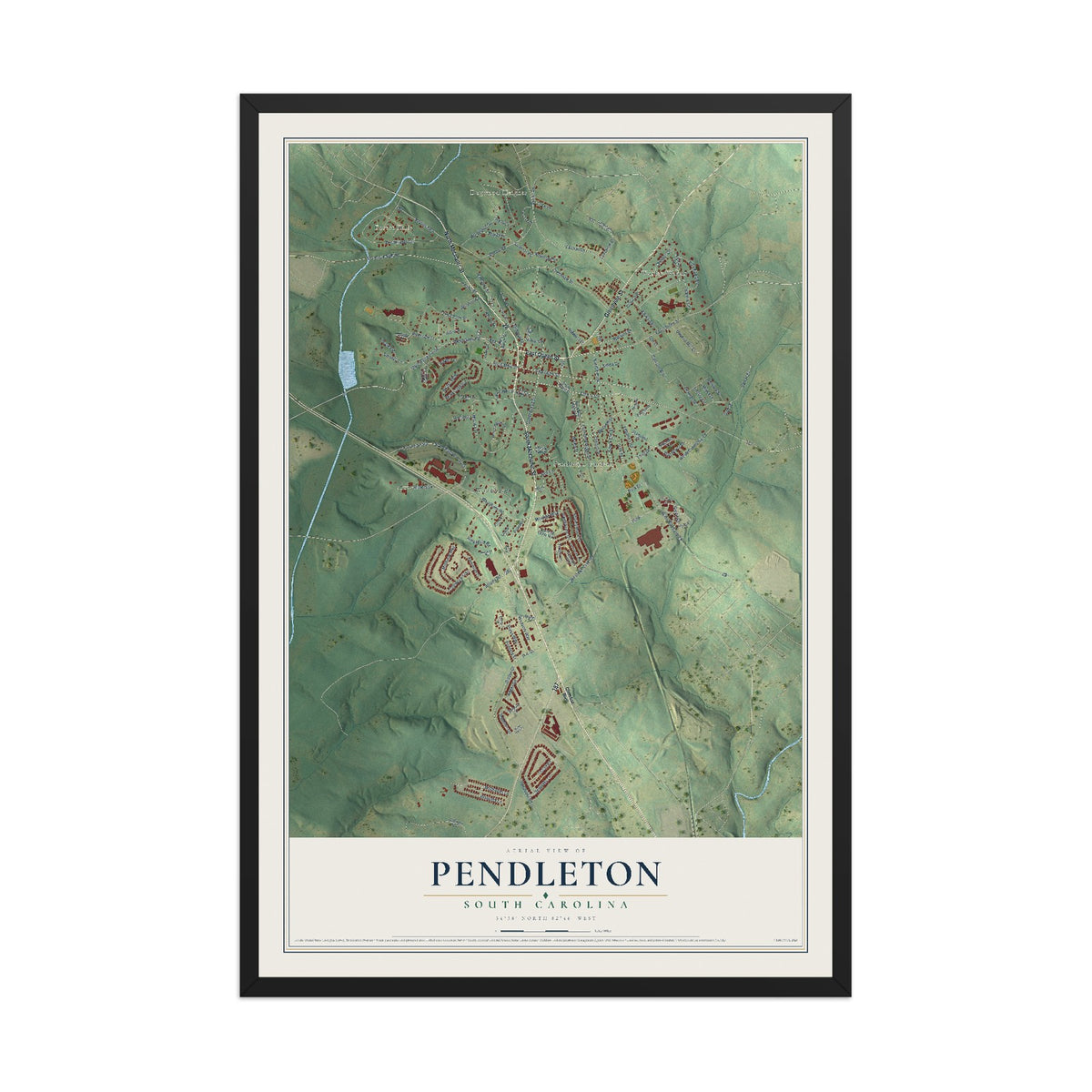 Map of Pendleton, South Carolina, 12 x 18 inch print in a black wood frame