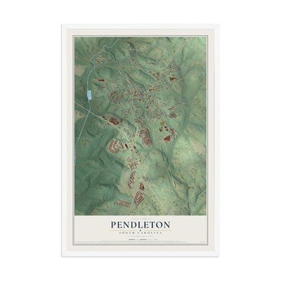 Map of Pendleton, South Carolina, 12 x 18 inch print in a white wood frame