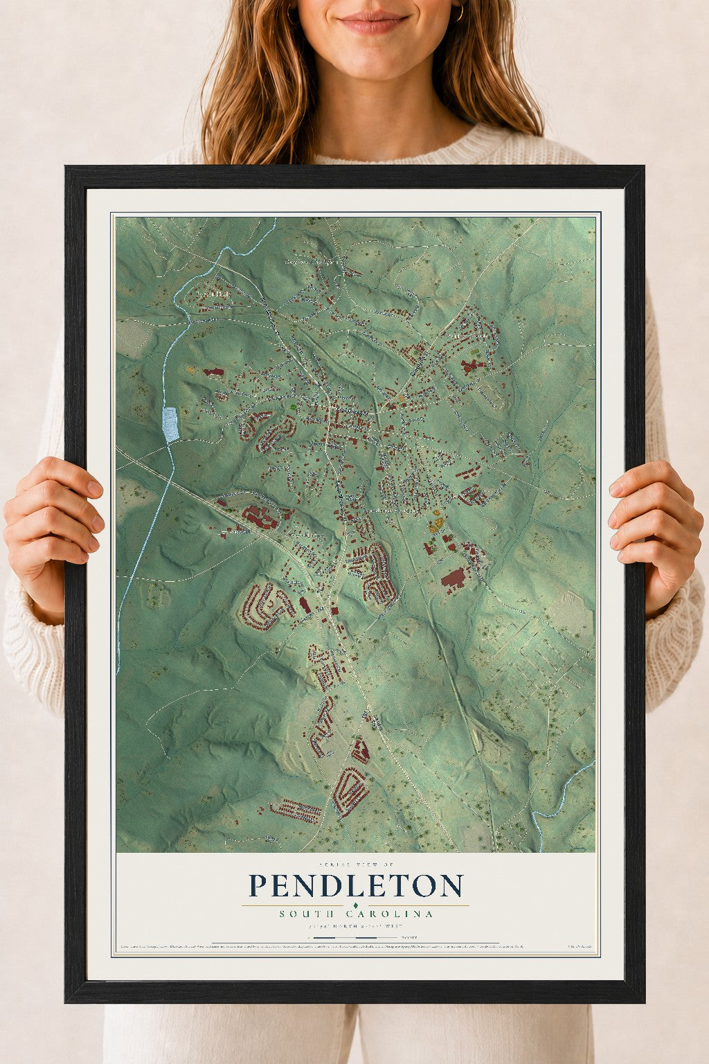 Map of Pendleton, South Carolina, 18 x 24 inch print in a black wood frame
