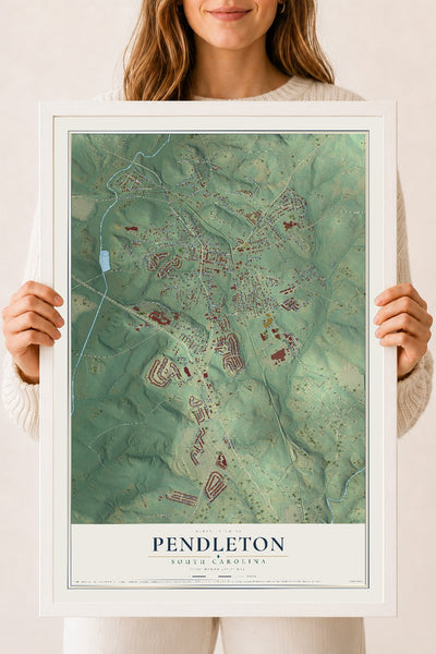 Map of Pendleton, South Carolina, 18 x 24 inch print in a white wood frame