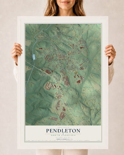 Map of Pendleton, South Carolina, 24 x 36 inch print in a white wood frame