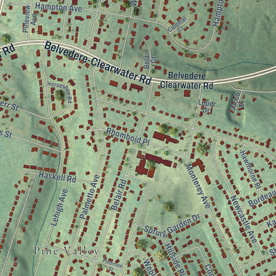 Close-up of the map of Belvedere, South Carolina print showing street and building detail