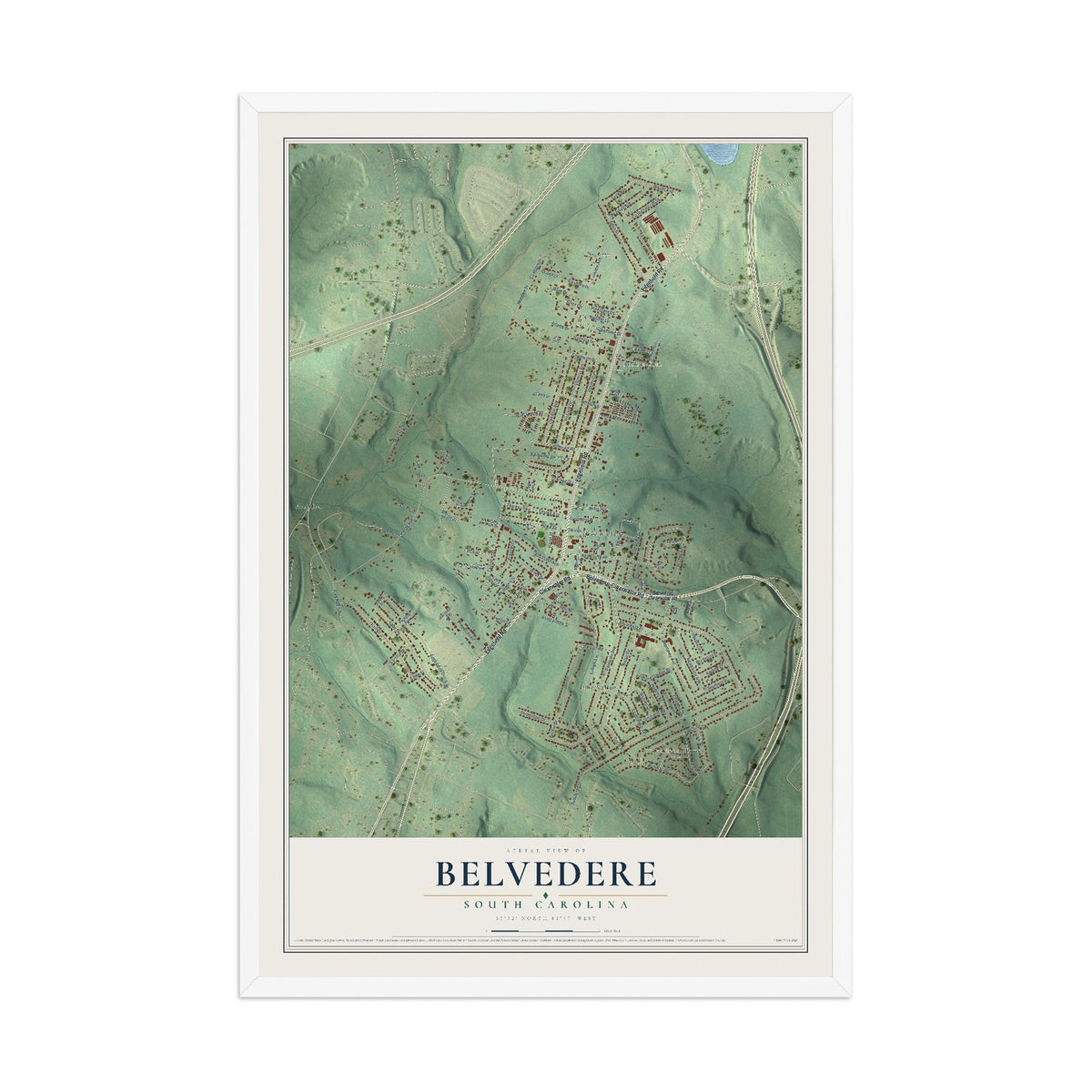 Map of Belvedere, South Carolina, 12 x 18 inch print in a white wood frame