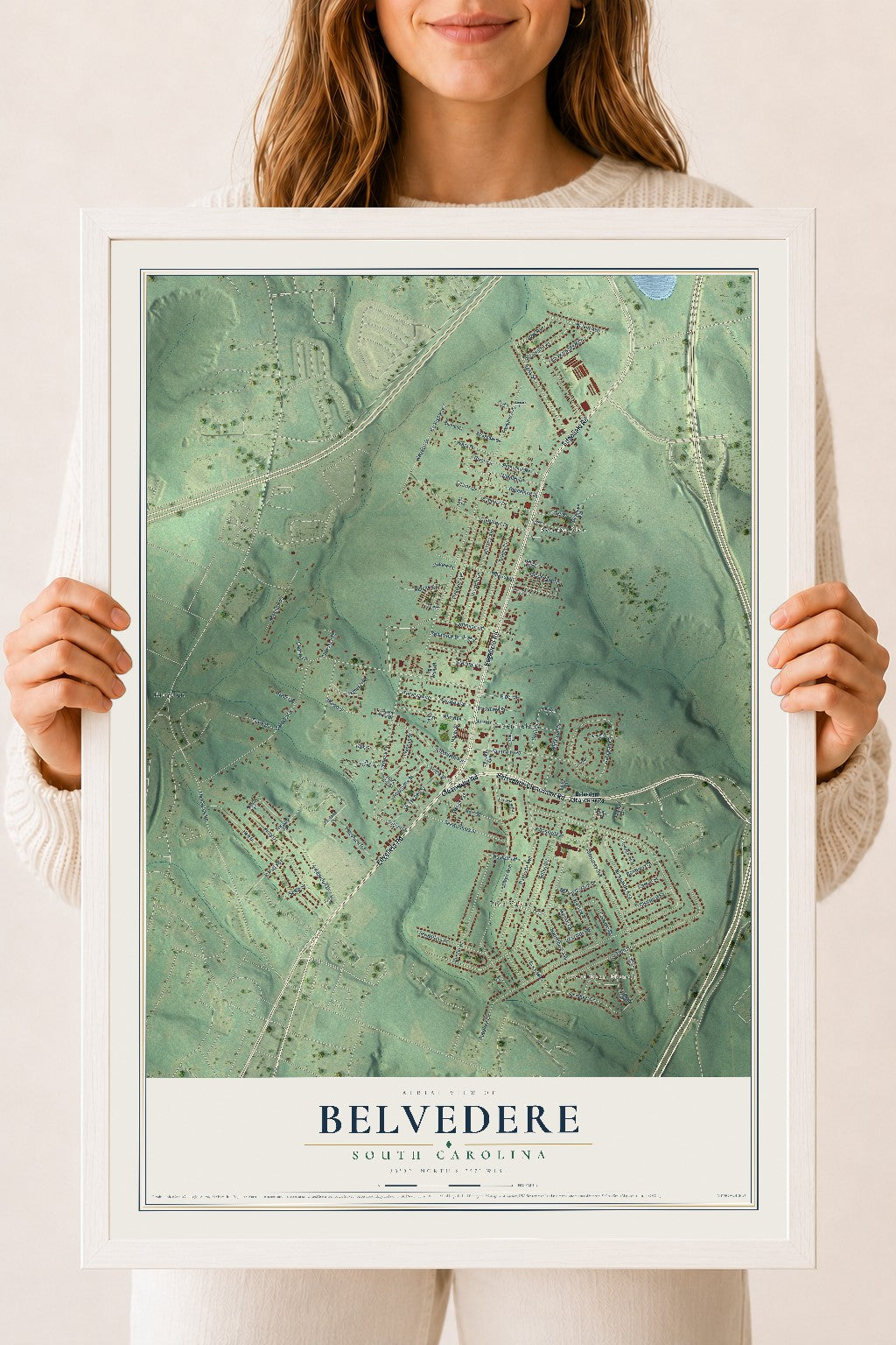 Map of Belvedere, South Carolina, 18 x 24 inch print in a white wood frame