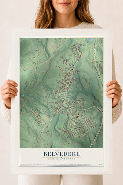 Map of Belvedere, South Carolina, 18 x 24 inch print in a white wood frame