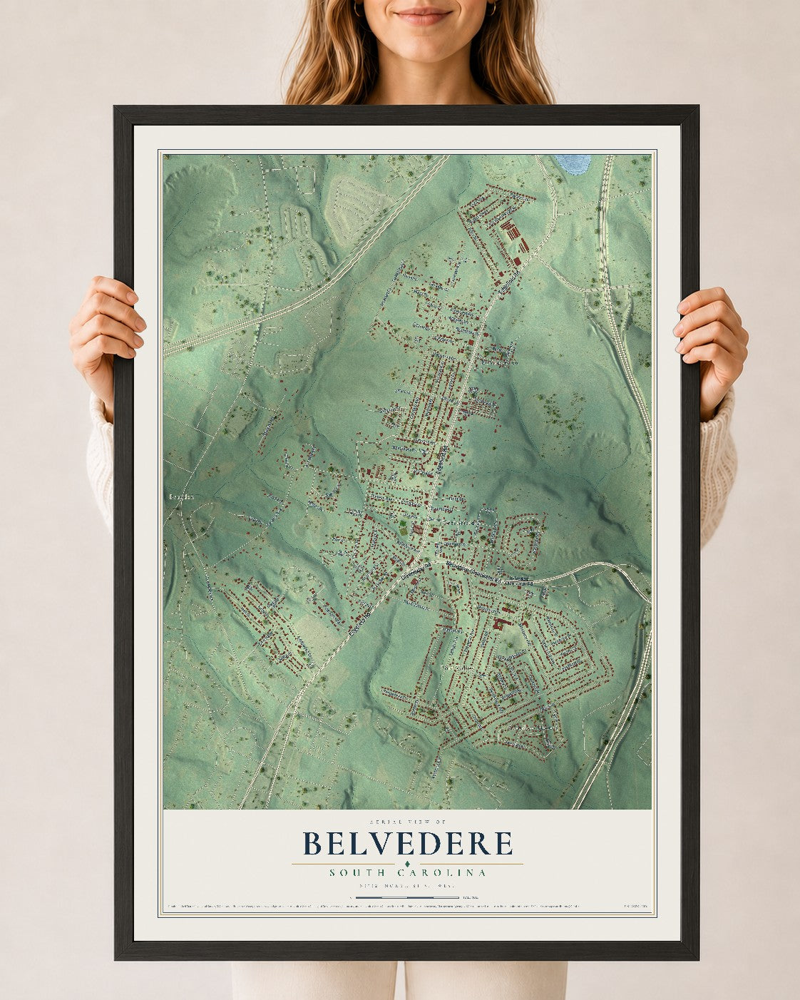 Map of Belvedere, South Carolina, 24 x 36 inch print in a black wood frame