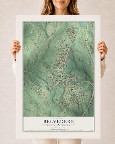 Map of Belvedere, South Carolina, 24 x 36 inch print in a white wood frame