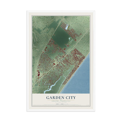 Map of Garden City, South Carolina, 12 x 18 inch print in a white wood frame