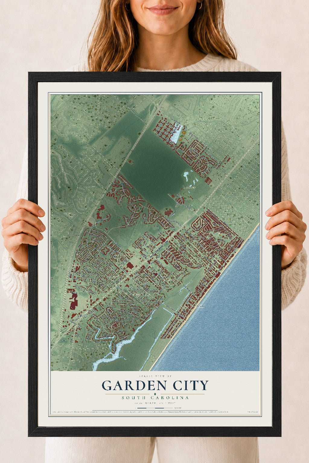 Map of Garden City, South Carolina, 18 x 24 inch print in a black wood frame