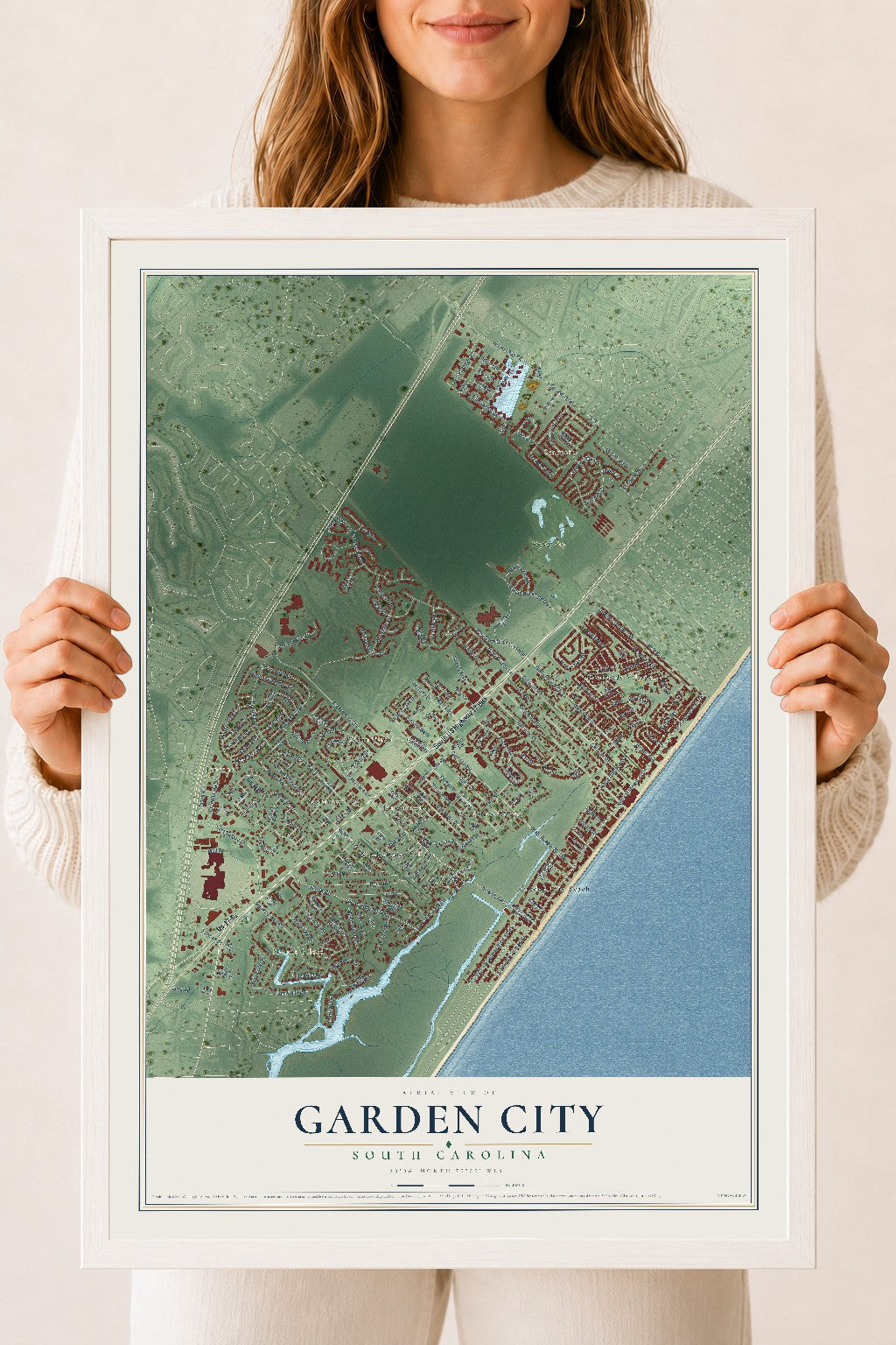 Map of Garden City, South Carolina, 18 x 24 inch print in a white wood frame