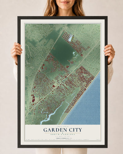 Map of Garden City, South Carolina, 24 x 36 inch print in a black wood frame