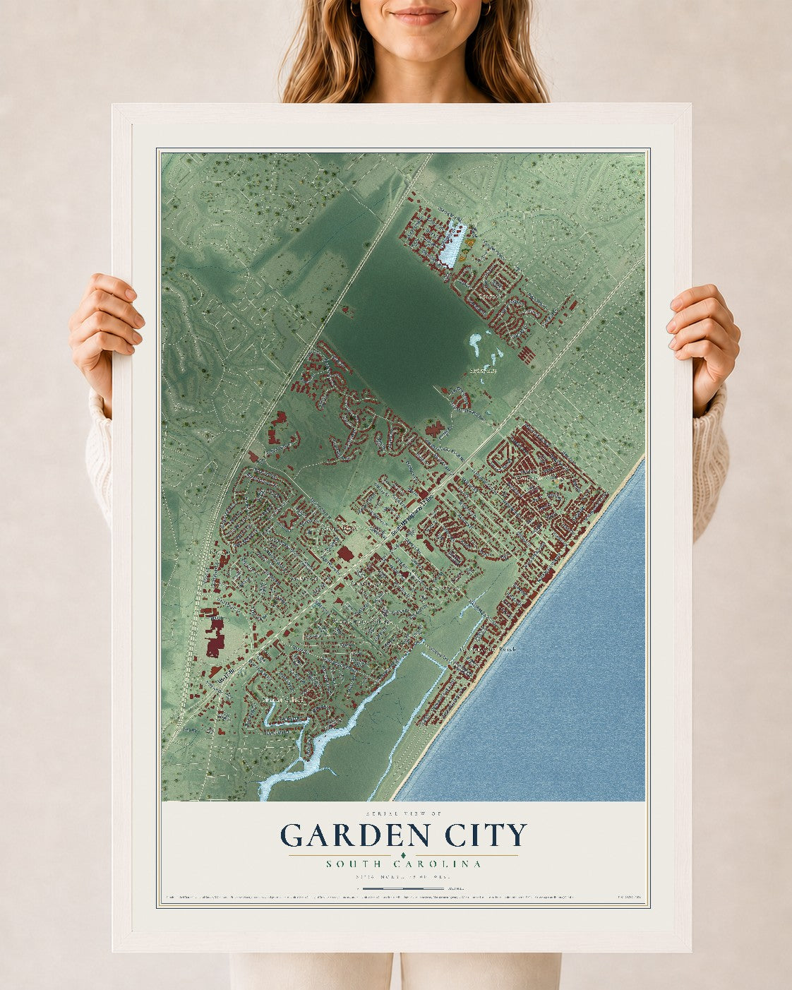 Map of Garden City, South Carolina, 24 x 36 inch print in a white wood frame