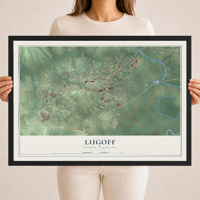 Map of Lugoff, South Carolina, 18 x 24 inch print in a black wood frame