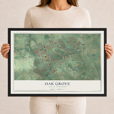 Map of Oak Grove, South Carolina, 12 x 18 inch print in a black wood frame