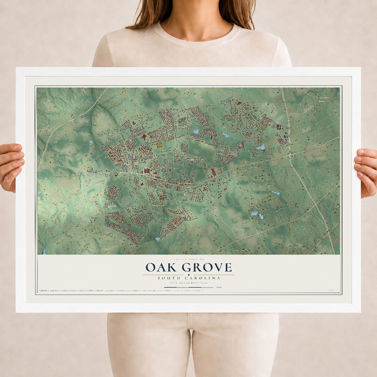 Map of Oak Grove, South Carolina, 18 x 24 inch print in a white wood frame