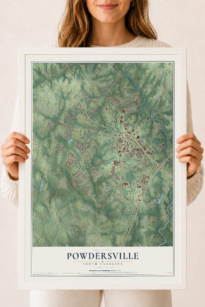 Map of Powdersville, South Carolina, 18 x 24 inch print in a white wood frame