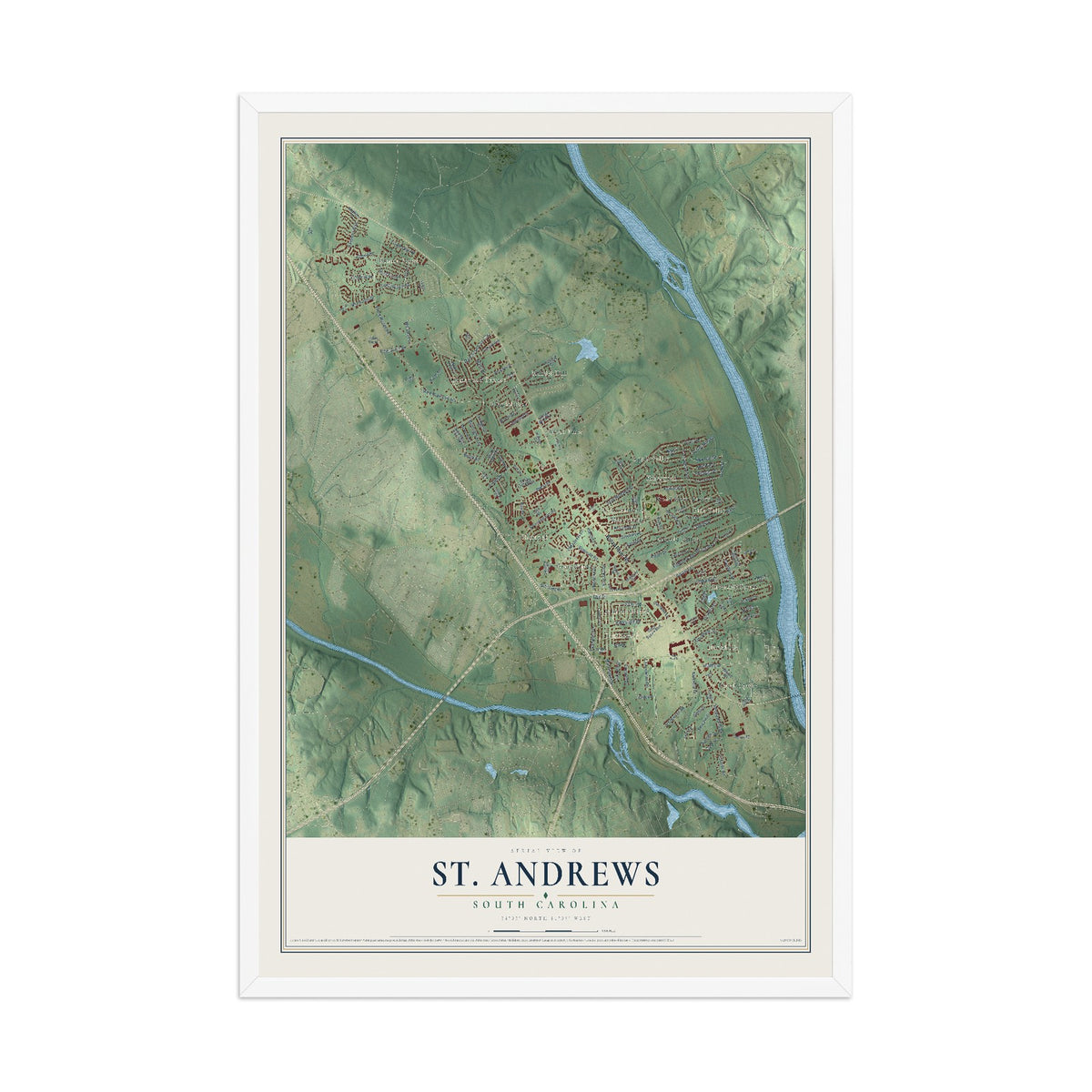 Map of St. Andrews, South Carolina, 12 x 18 inch print in a white wood frame