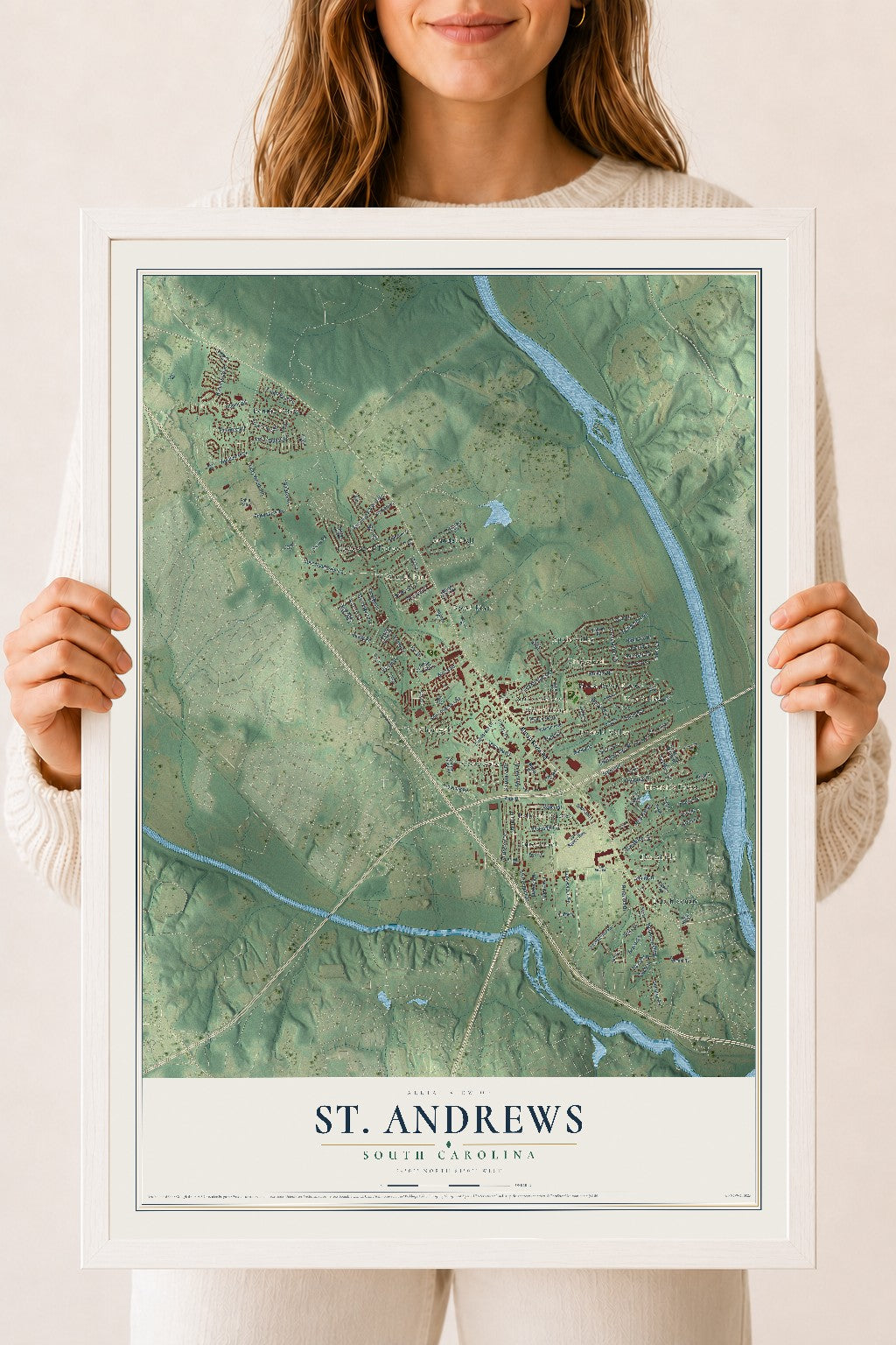Map of St. Andrews, South Carolina, 18 x 24 inch print in a white wood frame