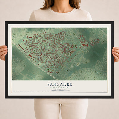 Map of Sangaree, South Carolina, 18 x 24 inch print in a black wood frame