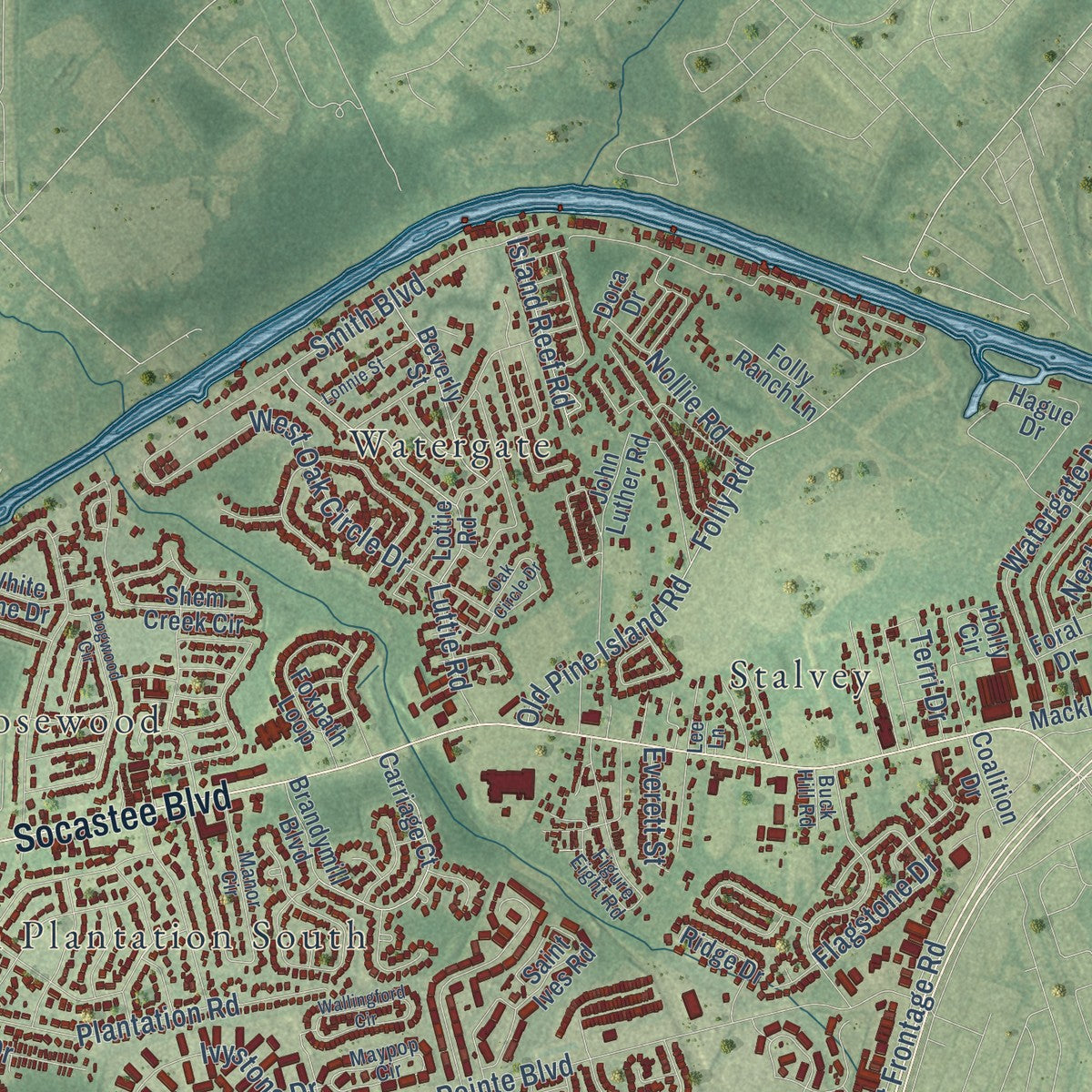 Close-up of the map of Socastee, South Carolina print showing street and building detail