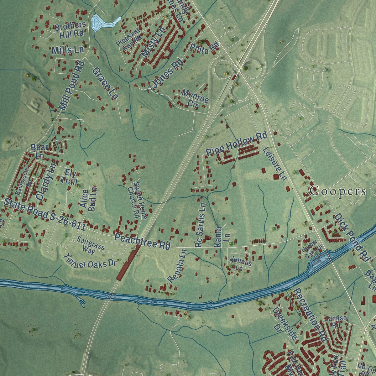 Second close-up of the map of Socastee, South Carolina print showing more streets and buildings