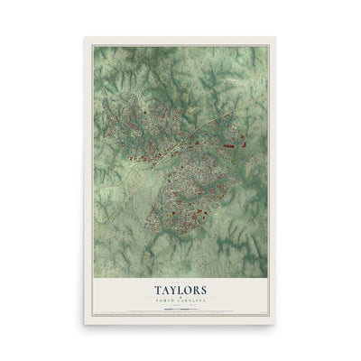 Map of Taylors, South Carolina, 12 x 18 inch unframed archival matte print