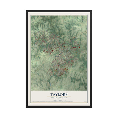 Map of Taylors, South Carolina, 12 x 18 inch print in a black wood frame