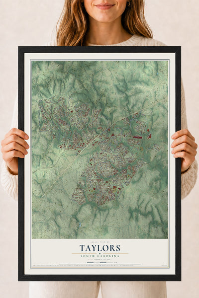 Map of Taylors, South Carolina, 18 x 24 inch print in a black wood frame